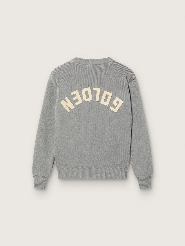 Unisex-tröja för barn i grå melerad ribbstickning med logotyp på ryggen