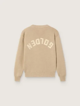 Unisex-tröja i guldbeige ribbat tyg för barn med logotyp på ryggen