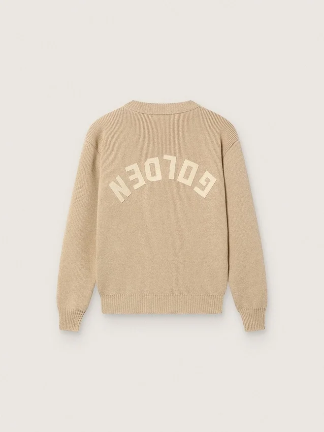 Unisex-tröja i guldbeige ribbat tyg för barn med logotyp på ryggen