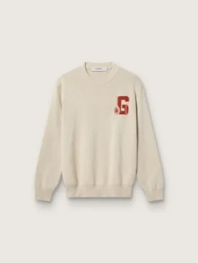 Unisex-tröja med rund hals i beige bomull med patch på framsidan och logotyp på baksidan