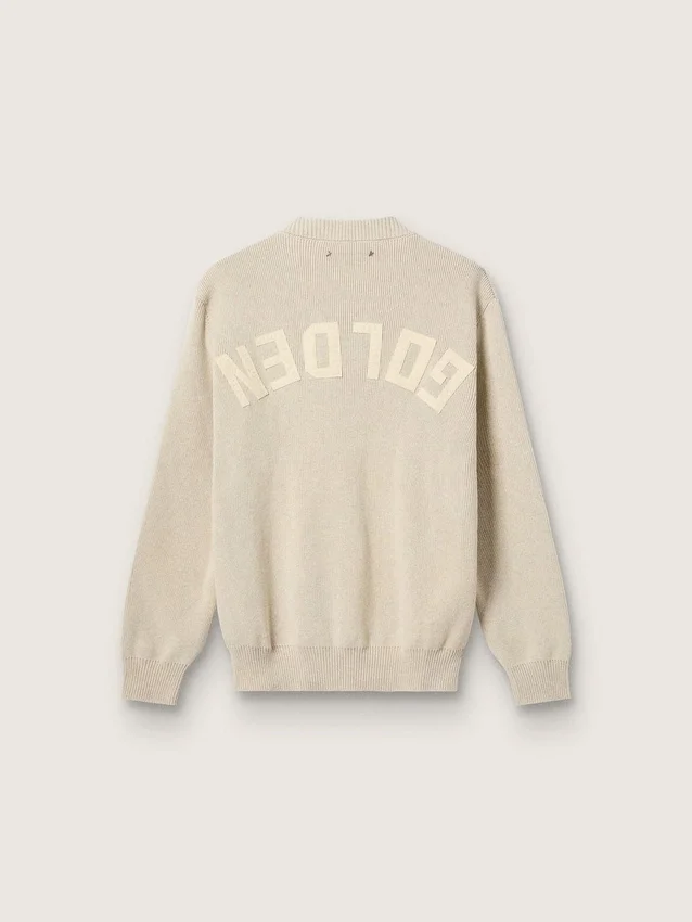 Unisex-tröja med rund hals i beige bomull med patch på framsidan och logotyp på baksidan