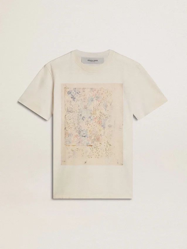 Vit dam-T-shirt med blommönster