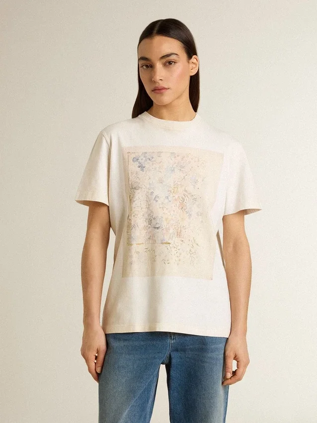 Vit dam-T-shirt med blommönster