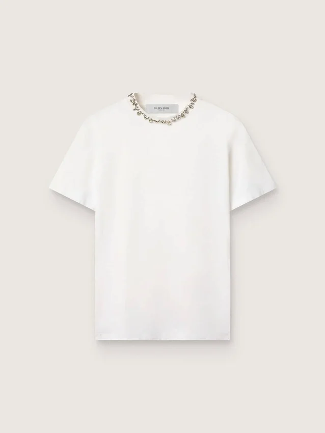 Vit dam-T-shirt med cabochon-kristaller