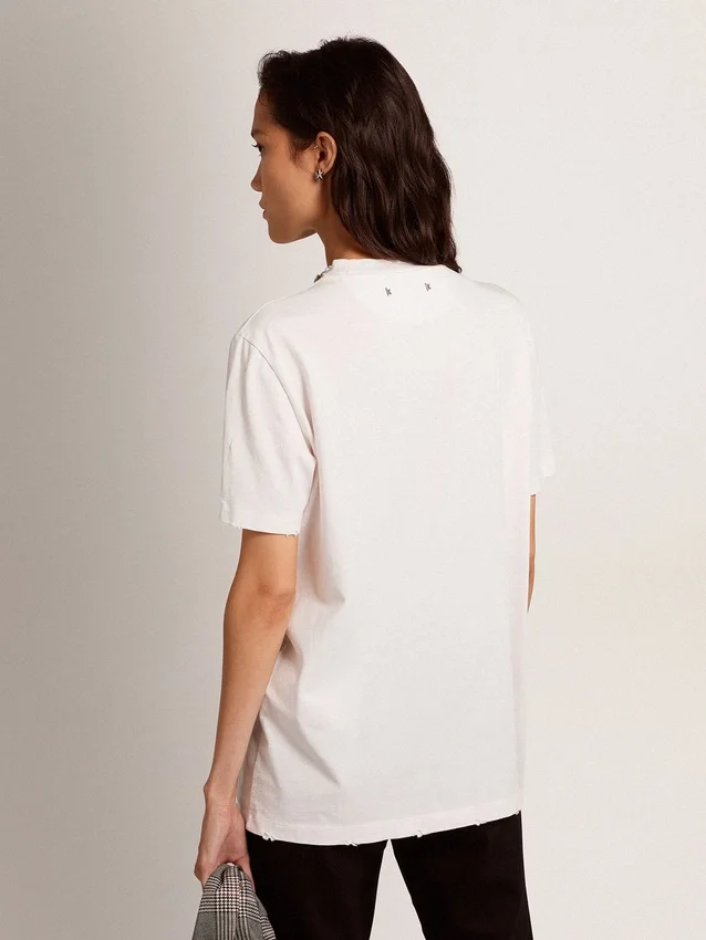 Vit dam-T-shirt med cabochon-kristaller