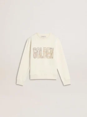 Vit sweatshirt för flickor med mångfärgad guldfärgad text på framsidan
