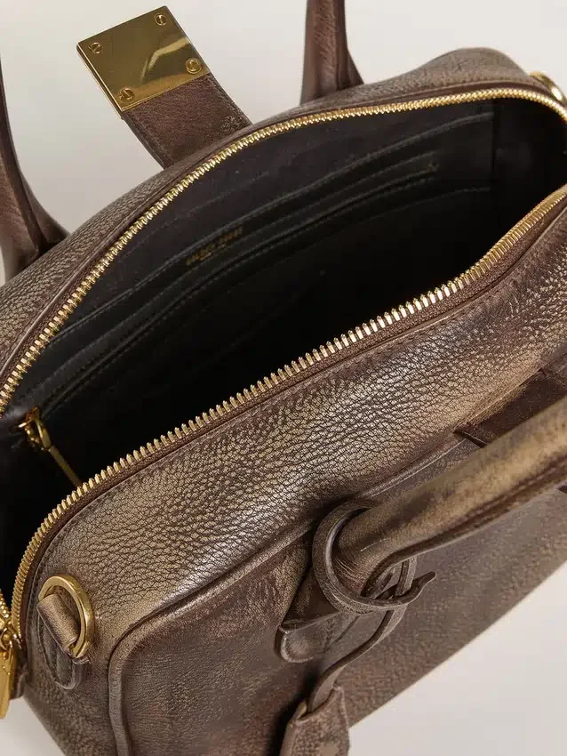 Vita-väska i brunt vintage-läder med gulddetaljer