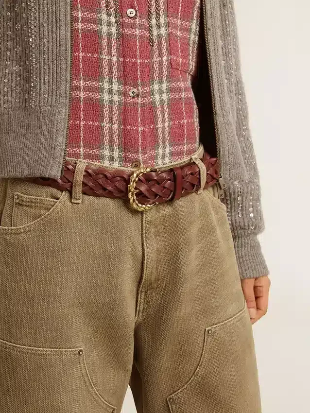 Vävt läderbälte i burgundy för damer