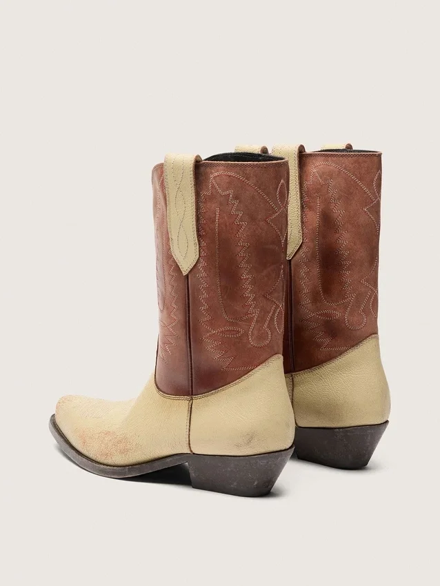 Wish Star-låga damstövlar i beige och brunt läder med broderier
