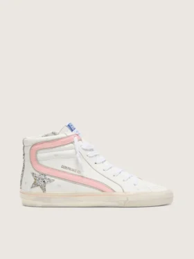 Women's Slide i vitt läder med silverglittrande stjärna och rosa läderdetalj
