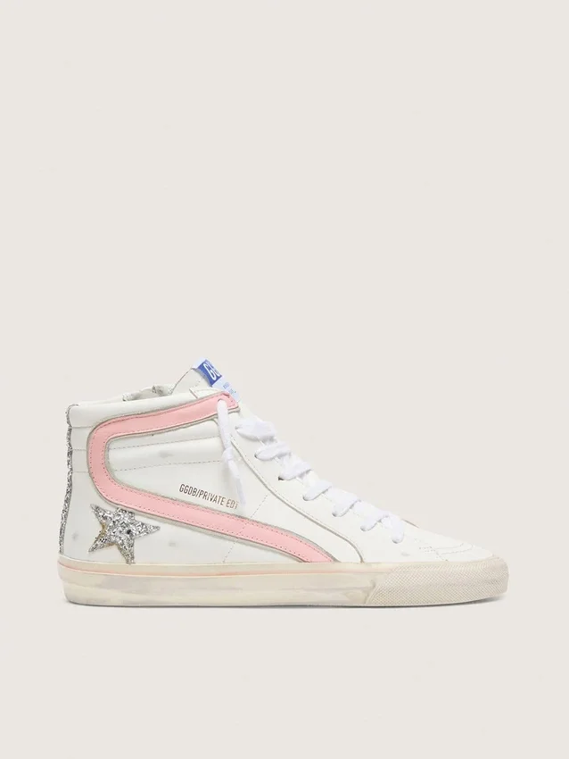 Women's Slide i vitt läder med silverglittrande stjärna och rosa läderdetalj