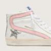 Women's Slide i vitt läder med silverglittrande stjärna och rosa läderdetalj